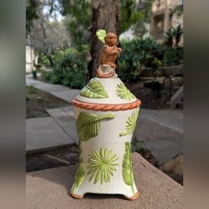 American Atelier Porcelain Monkey Cookie Jar Palm Trees Discontinued 13.25" 🐒